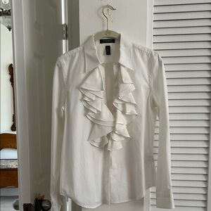 Mango White Ruffled Button Down Shirt